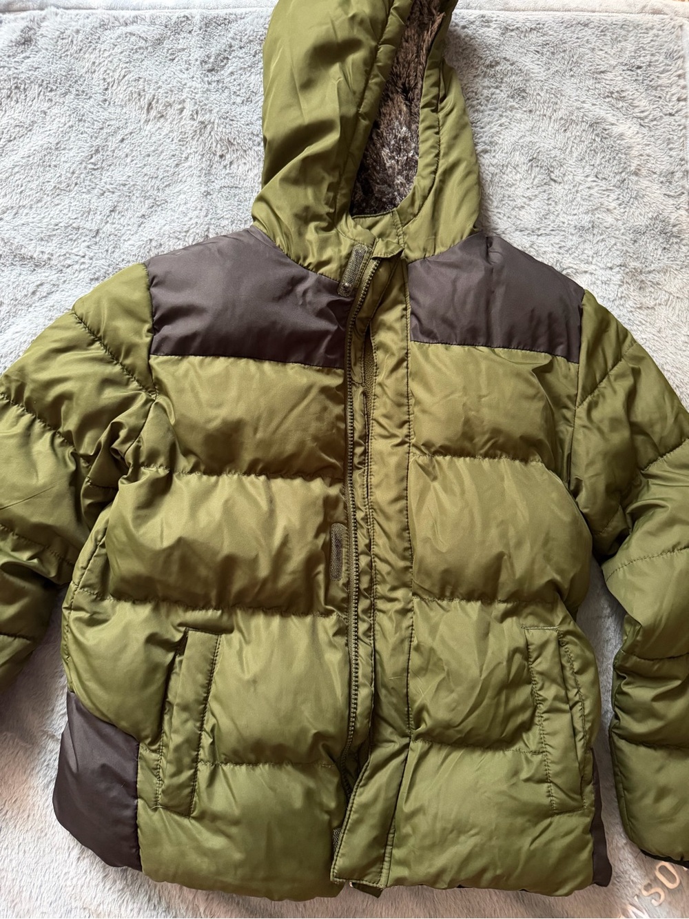 Kids Olive & Dark Brown Hooded Puffer Jacket